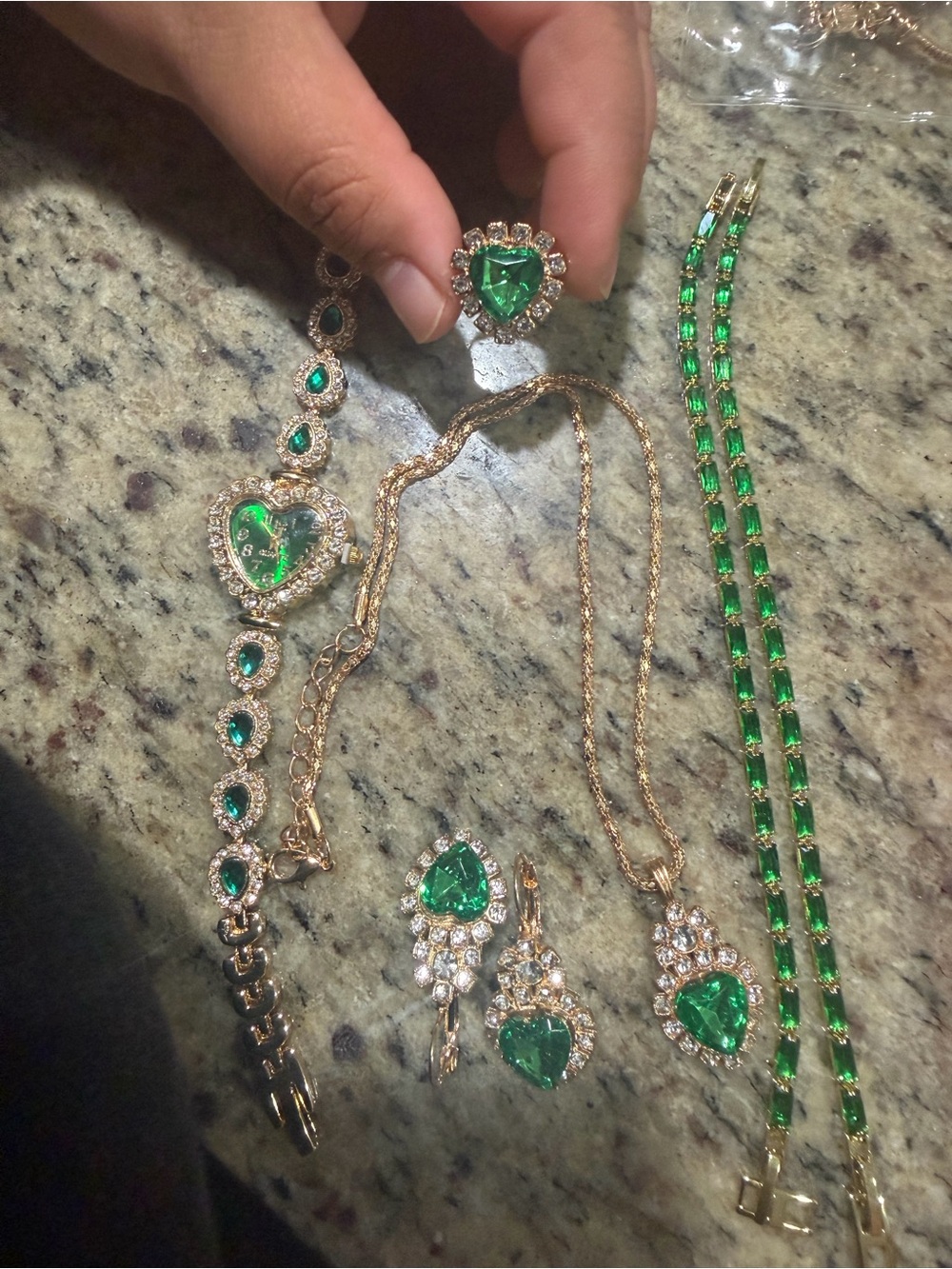 Gold-Tone Heart Emerald Necklace and Earring Set - Green